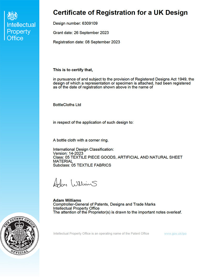 BottleCloths Registered Design Certificate For Use With Ice Buckets