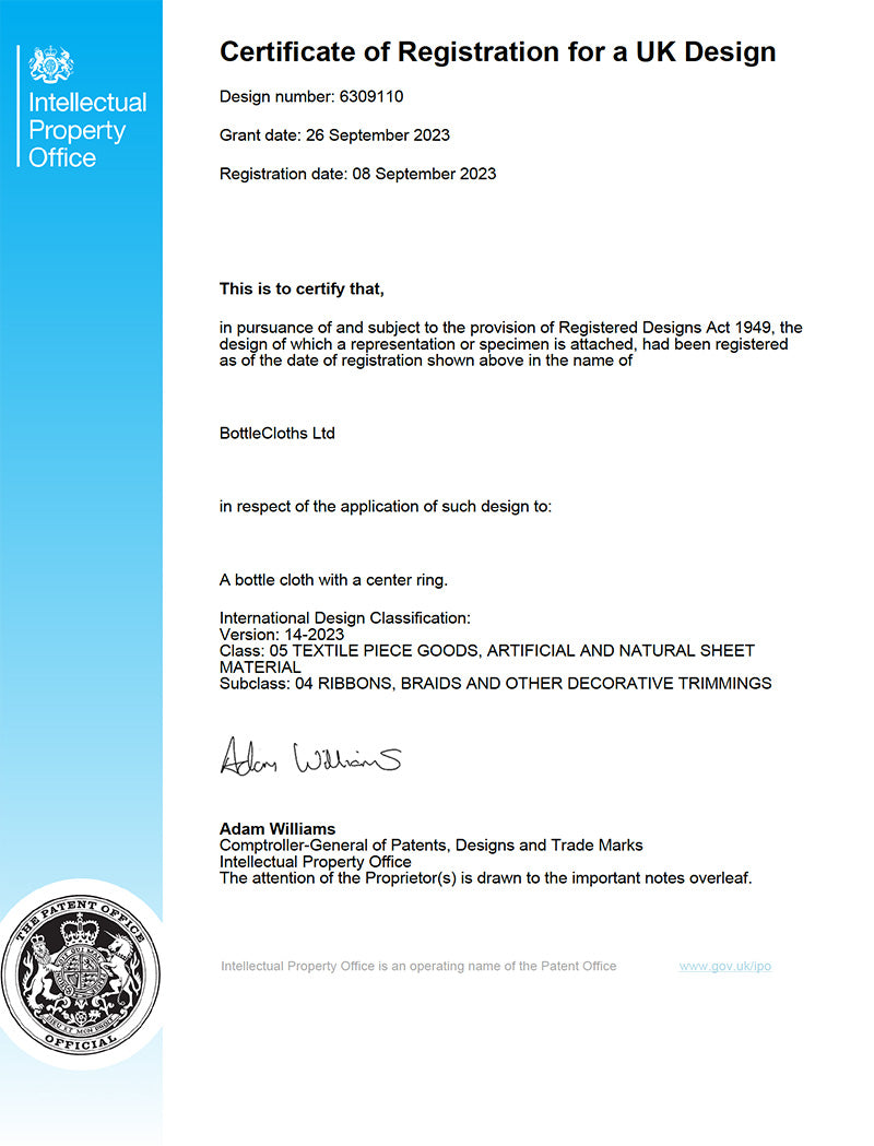 BottleCloths Registered Design Certificate For Use With Wine Coolers