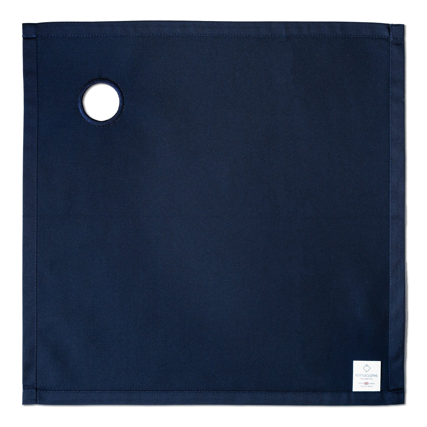 Catering flaskeklut · Navy polycotton, 42 cm, hjørnehull, sydd sirkel