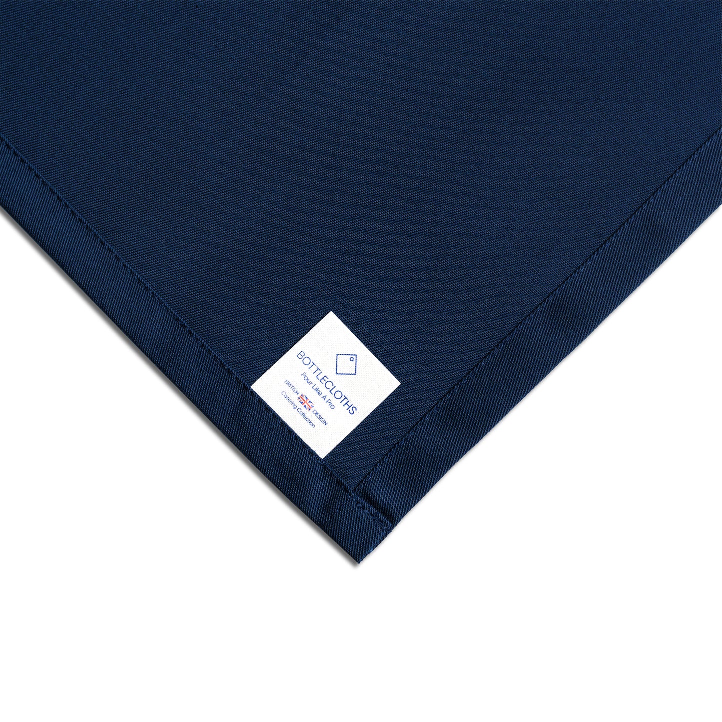 Catering flaskeklut · Navy polycotton, 42 cm, hjørnehull, sydd sirkel