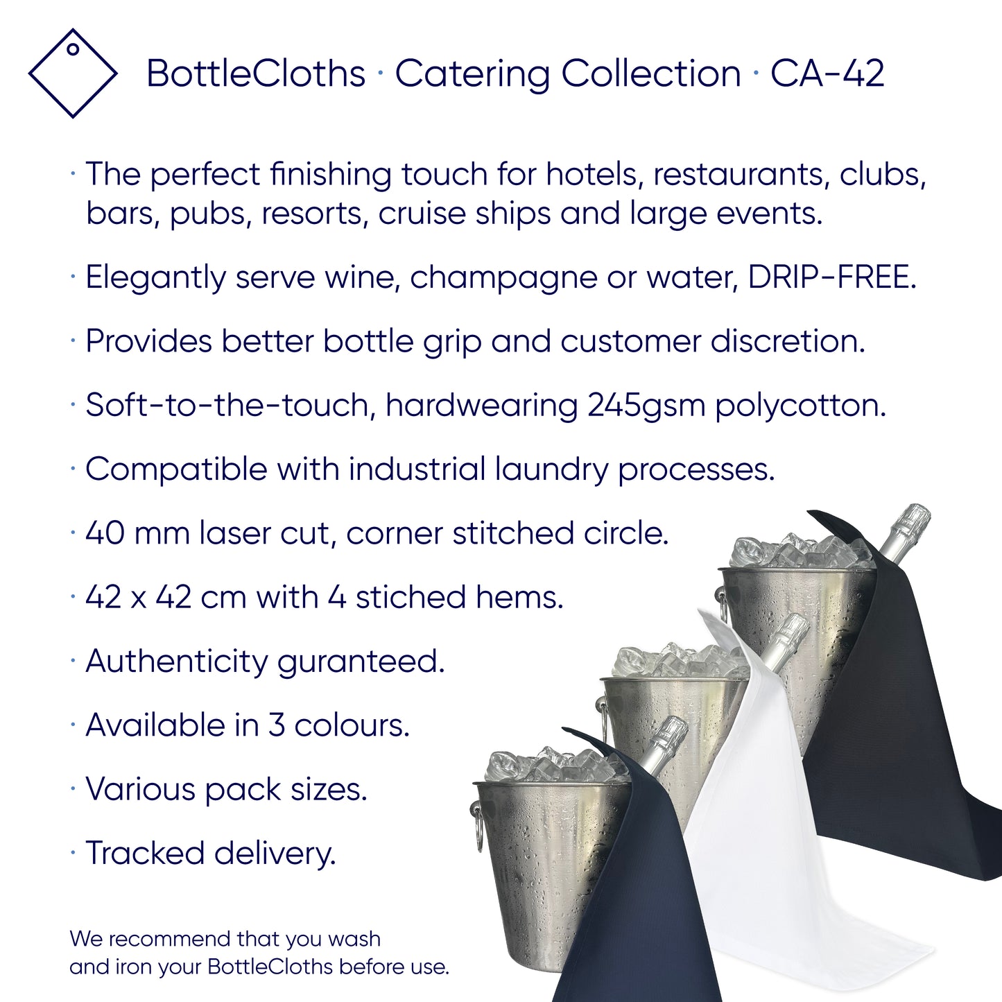 Bottine di catering · Polycotton bianco, 42 cm, foro d'angolo, cerchio cucito · pacco di 10