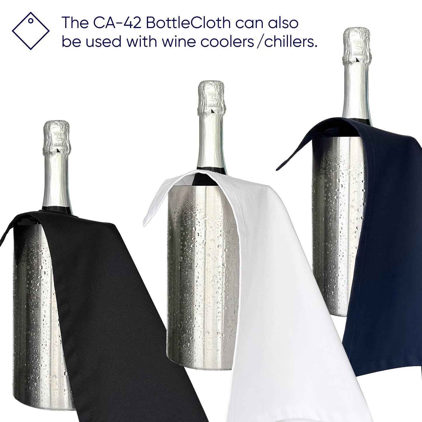 Paño para botellas de catering · Polialgodón negro, 42 cm, orificio en la esquina, círculo cosido