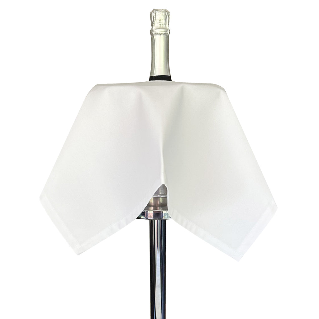 Pano para garrafas de catering · Polialgodão branco, 54 cm, furo central, círculo costurado