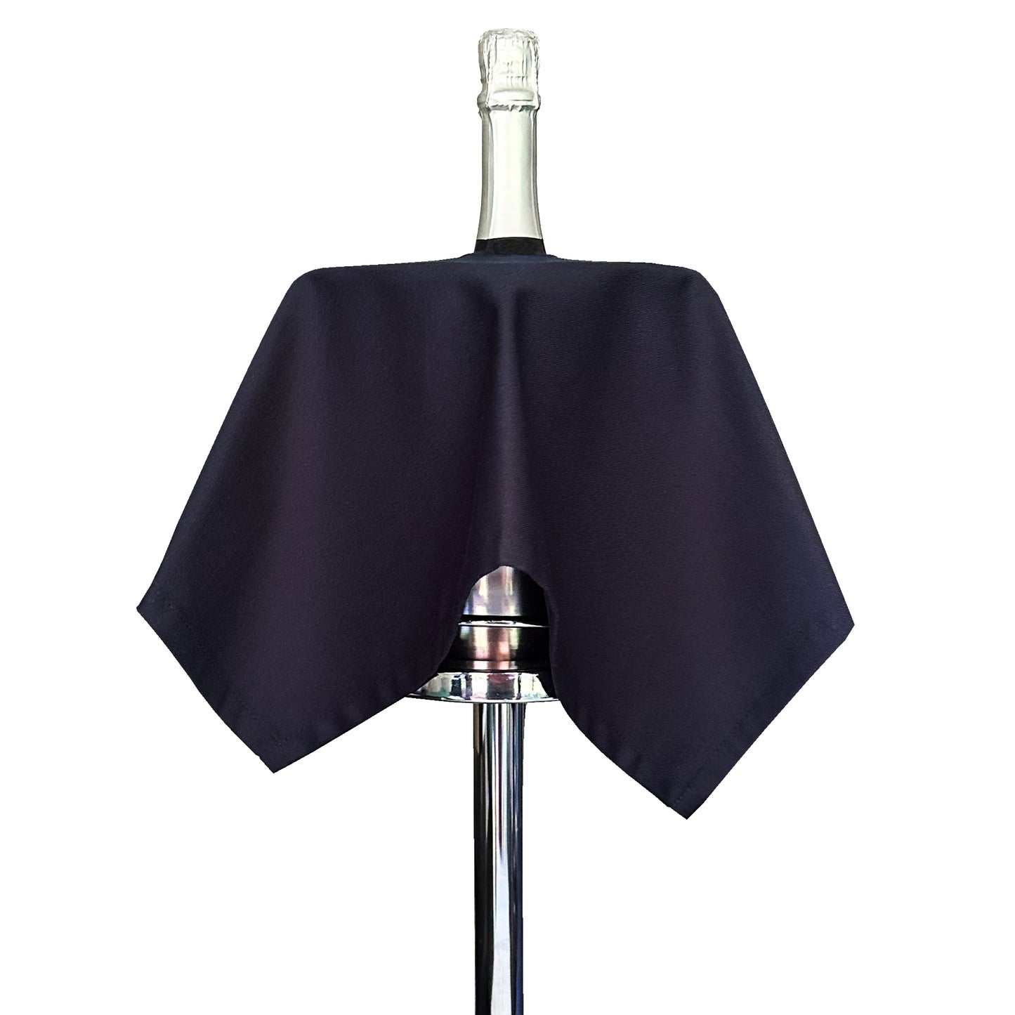 Catering flaskeklud · Navy polybomuld, 54 cm, centerhul, syet cirkel