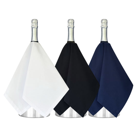 Paños para botellas de catering: blanco, negro y azul marino, polialgodón, 54 cm, orificio en la esquina, círculo cosido, combinación de colores, paquete de 3