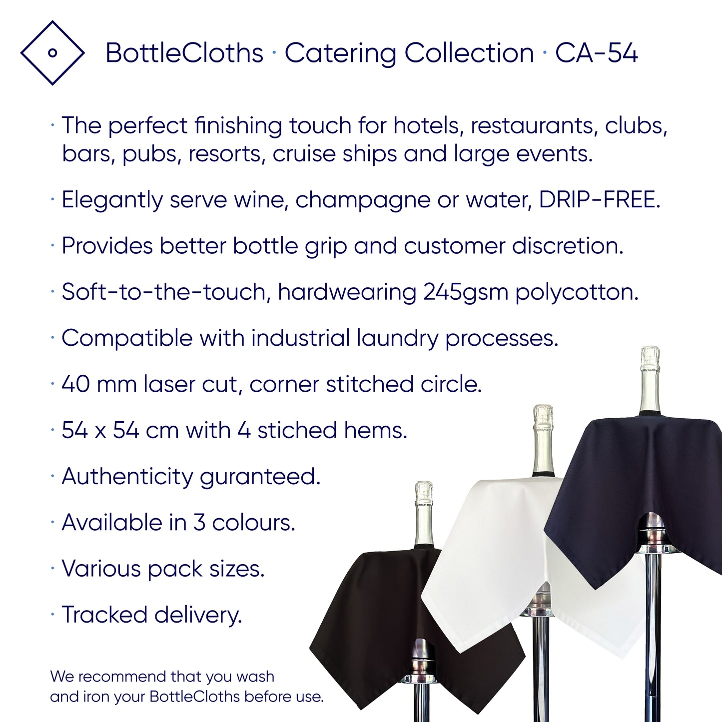 Catering BottleCloths · Navy Polycotton, 54 cm, Center Hole, Stitched Circle · Pack of 10