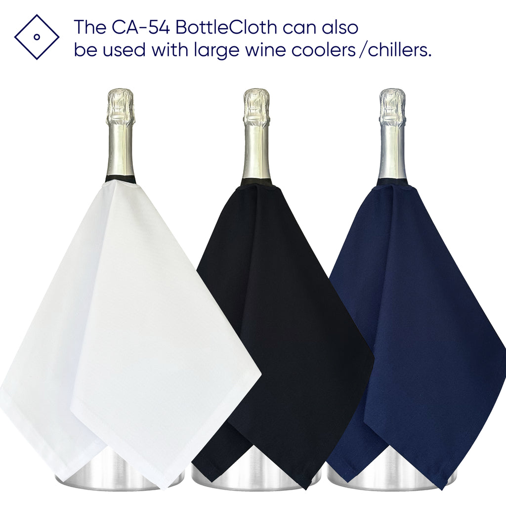 Pano para garrafas de catering · Polialgodão branco, 54 cm, furo central, círculo costurado