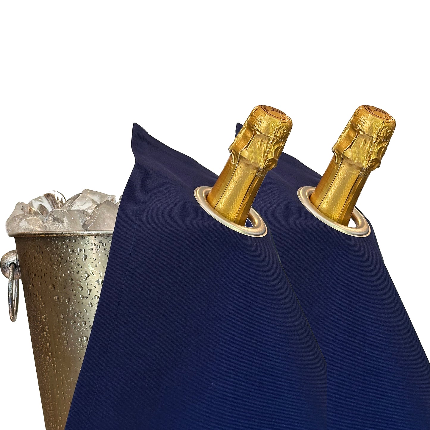 Paños para botellas clásicos - Azul real con anillo de metal plateado, algodón, 42 cm, orificio en las esquinas · Paquete de 2