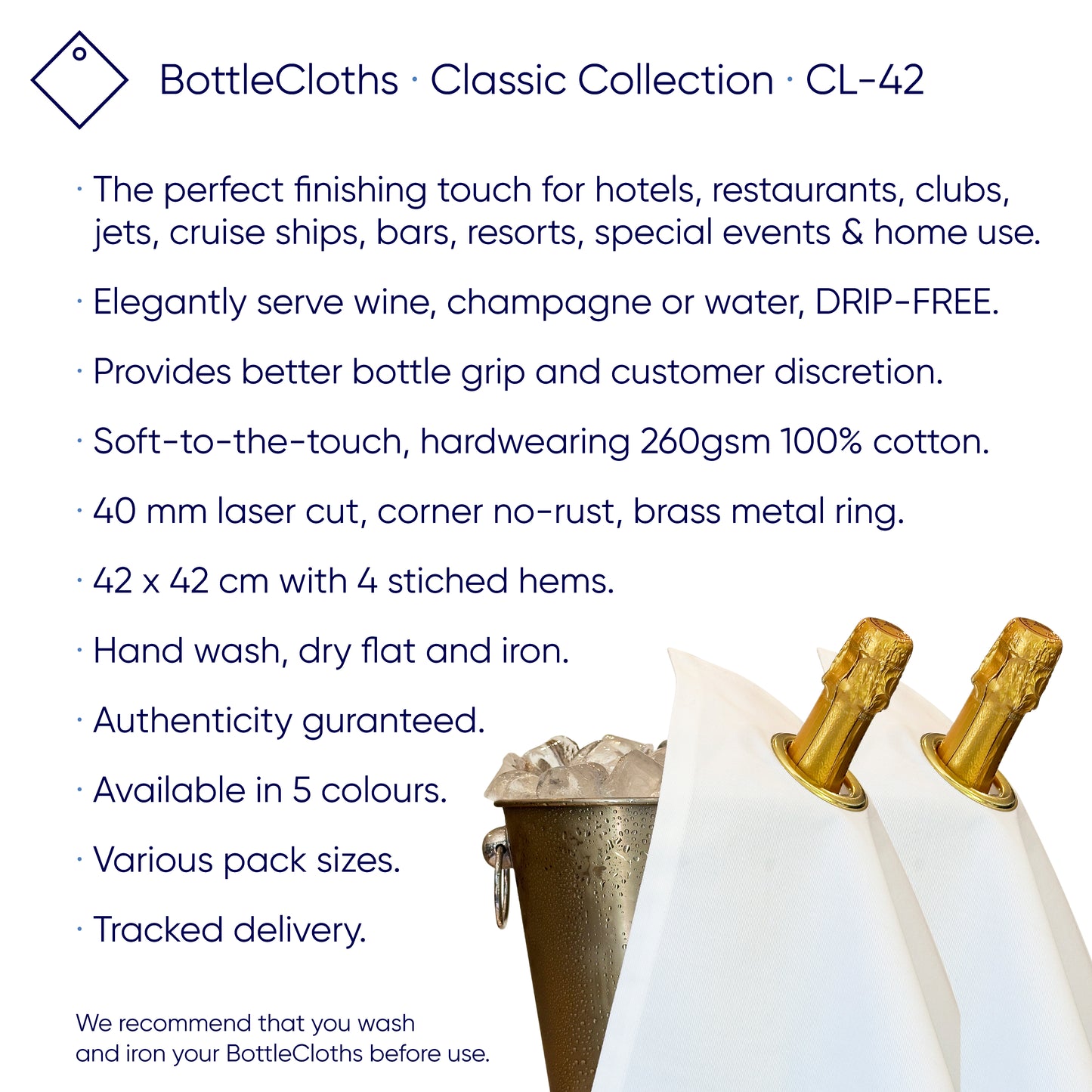 Classic BottleCloths - White with Silver Metal Ring, Cotton, 42 cm, Corner Hole · Pack of 2