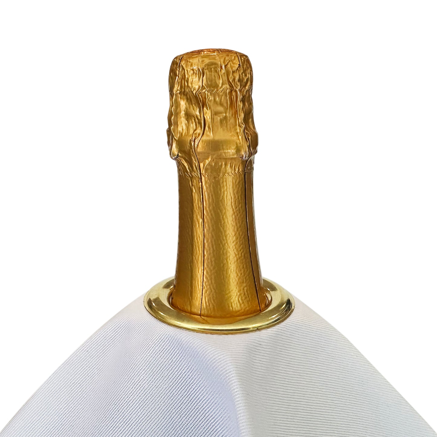 Paño para botellas clásico - Blanco con anillo de metal dorado, algodón, 54 cm, orificio central