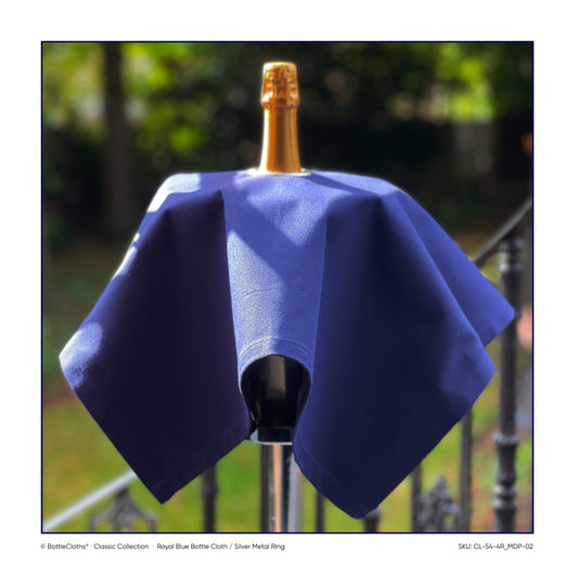 Classico panno per bottiglia - Blu reale con anello in metallo argentato, cotone, 54 cm, foro centrale