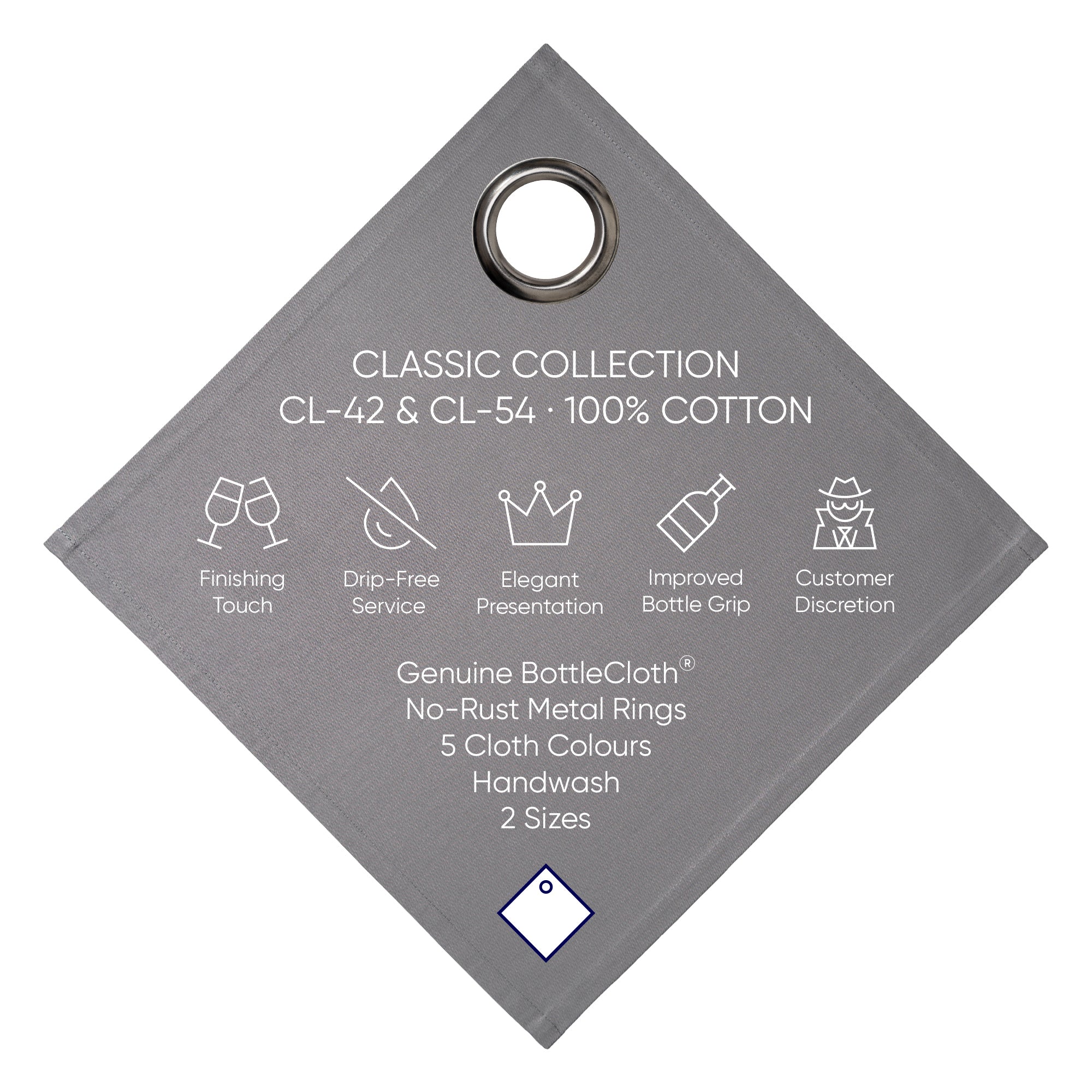 Klassisk flaskeclat · Platina med kolmetallring, bomull, 54 cm, mitthål