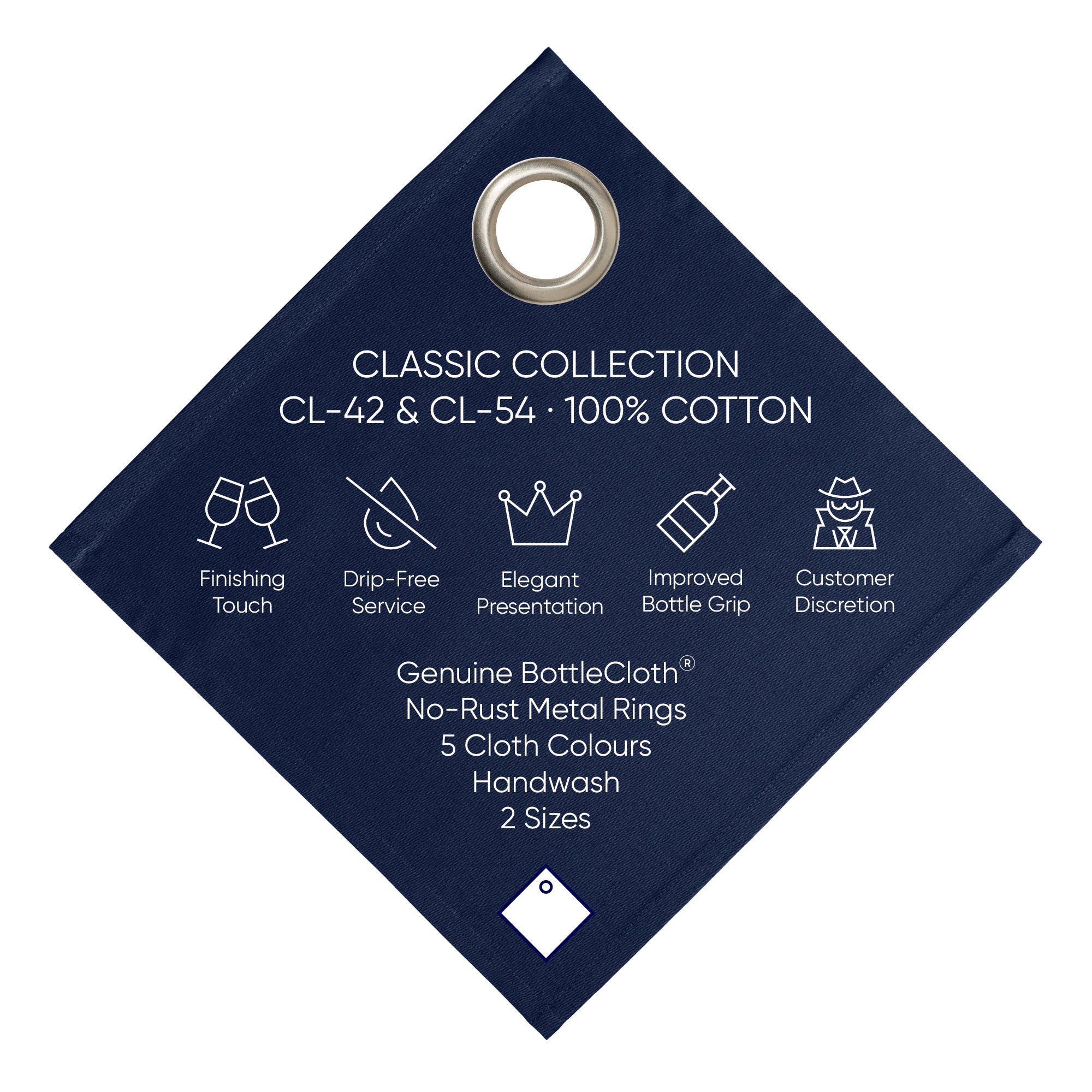 Klassiska flaskor · Kungblått med silvermetallring, bomull, 42 cm, hörnhål · Pack med 25