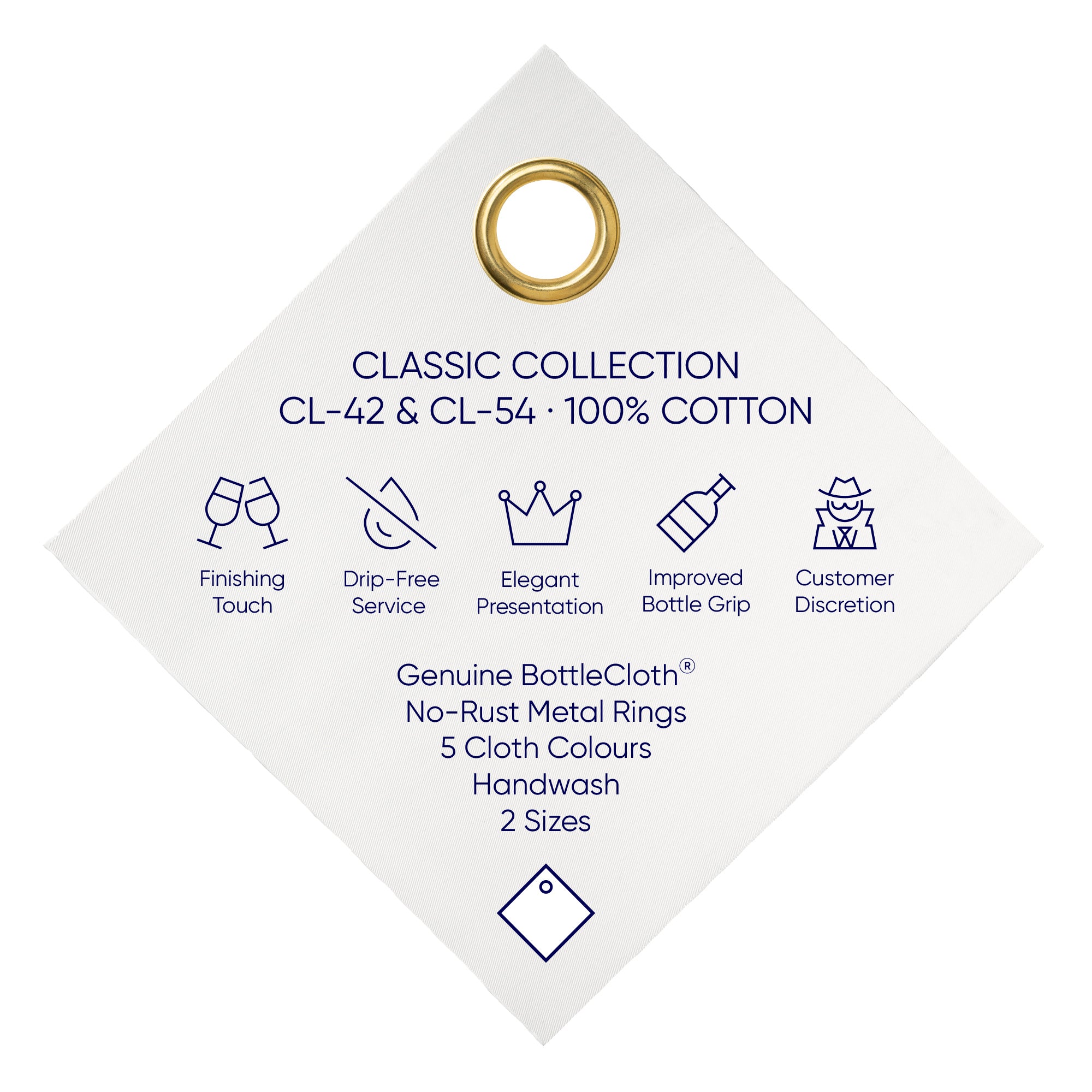 Klassisk flaskhäck · Vit med guldmetallring, bomull, 42 cm, hörnhål