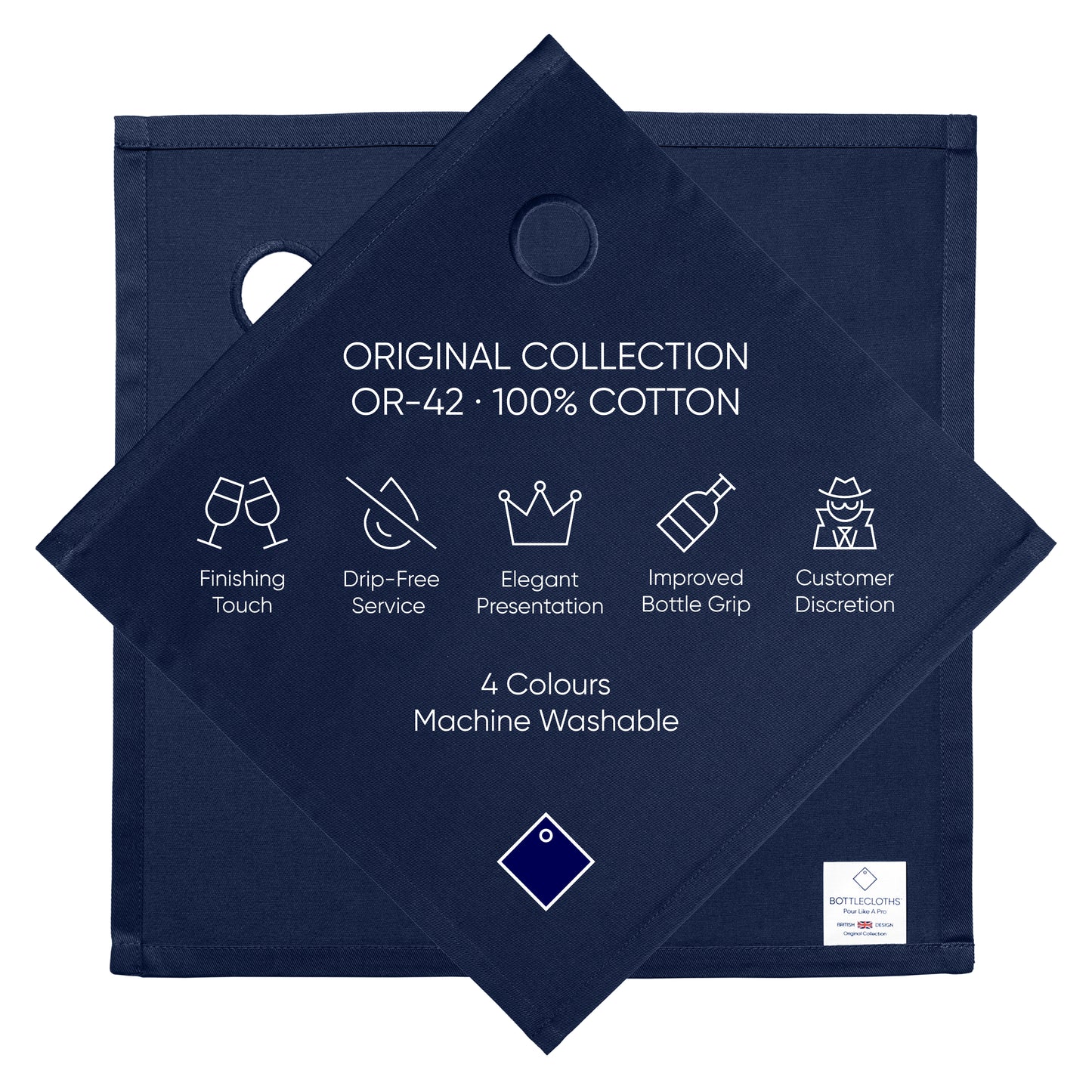 Original BottleCloth · Royal Blue, Cotton, 42 cm, Corner Hole, Stitched Circle · Pack of 8