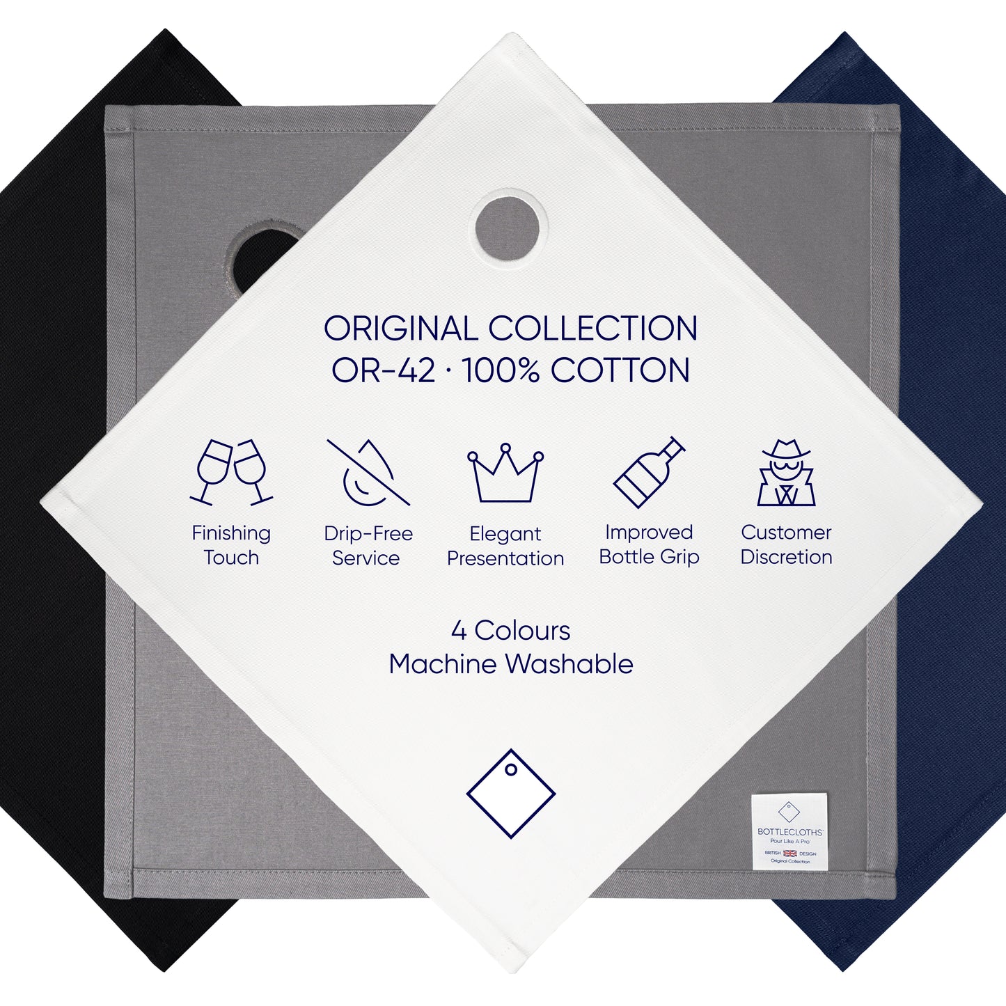 Original BottleCloths · White, Black, Royal Blue & Platinum, Cotton, 42 cm, Corner Hole, Stitched Circle · Colour Combo, Pack of 4