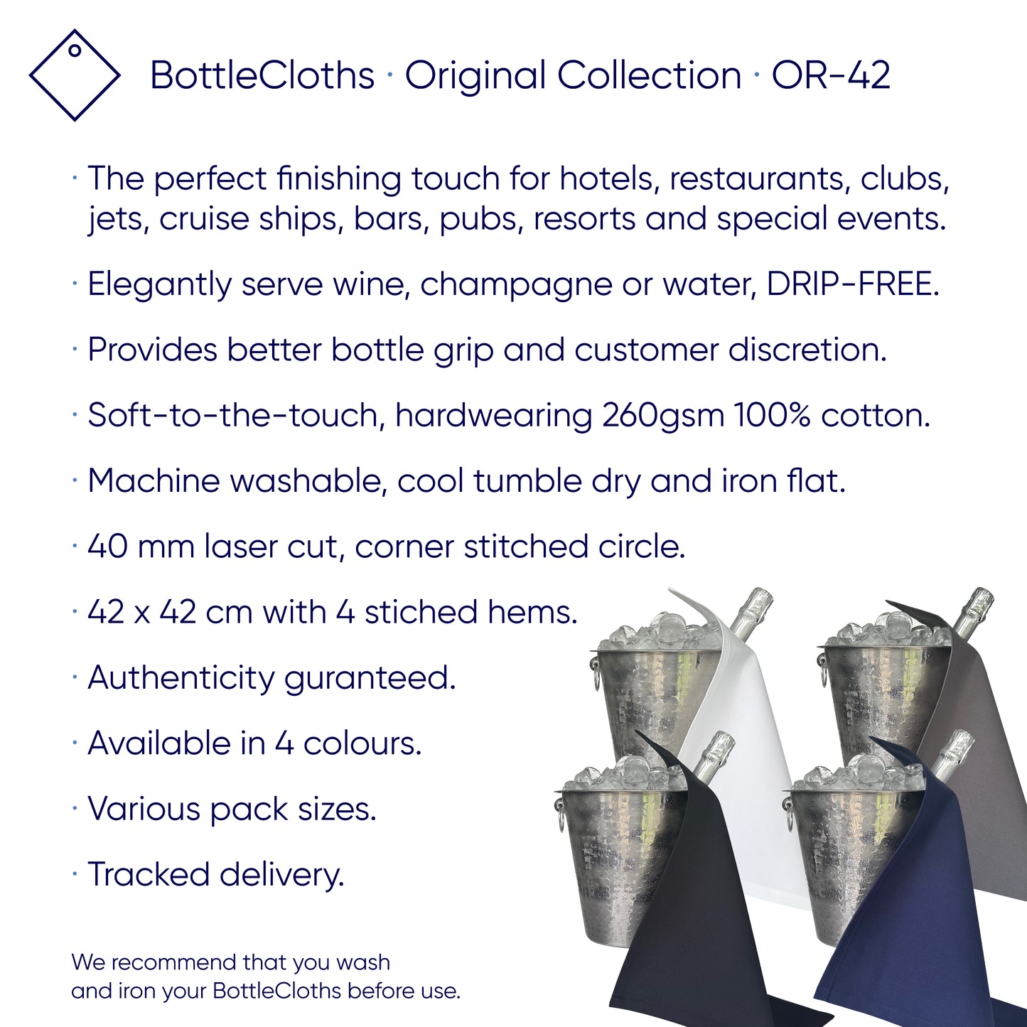 Original BottleCloths · White, Black, Royal Blue & Platinum, Cotton, 42 cm, Corner Hole, Stitched Circle · Colour Combo, Pack of 4